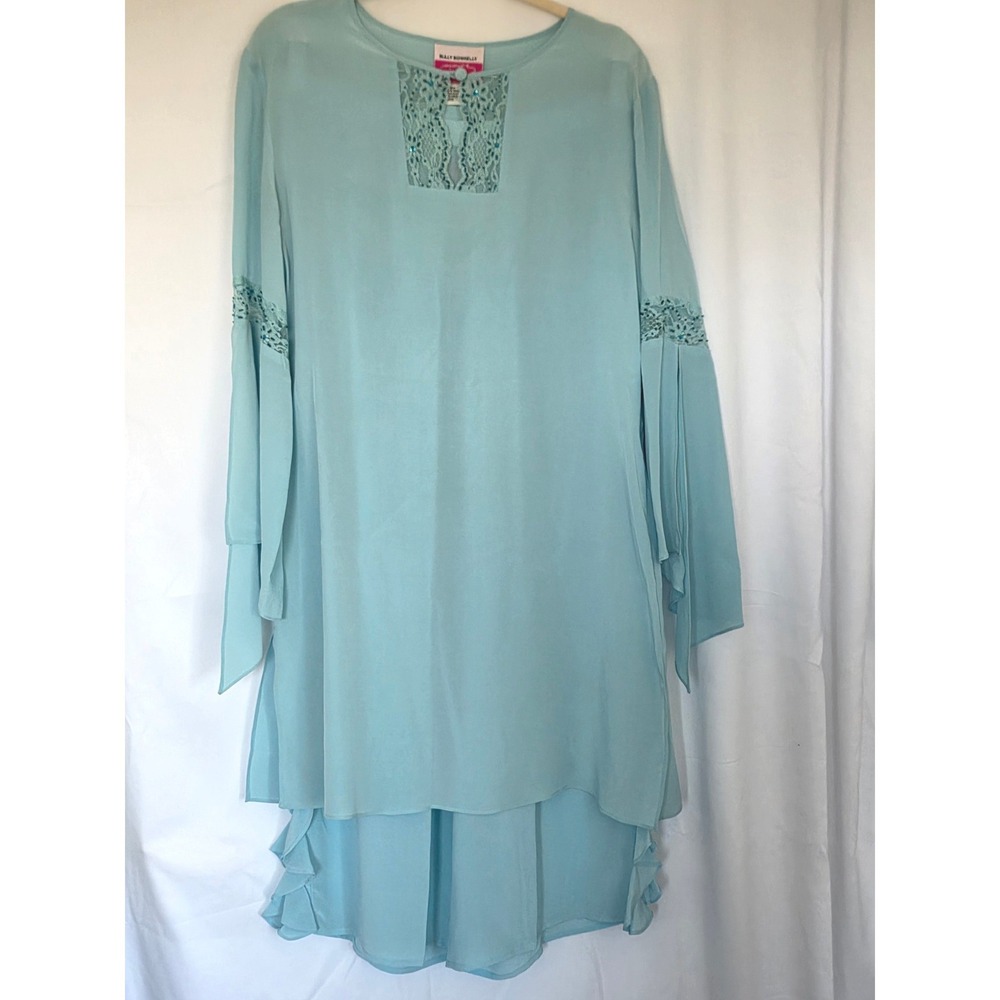 Vintage 100% Silk 2 Piece Flare Sleeve Tunic and Ruffle Pants Set M Lace Accents
